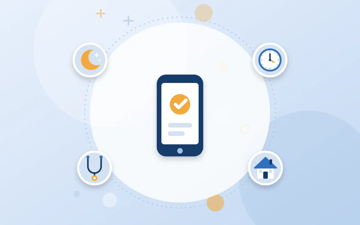 Illustration: Smartphone im Zentrum, dazu Mond, Uhr, Haus und Stethoskop