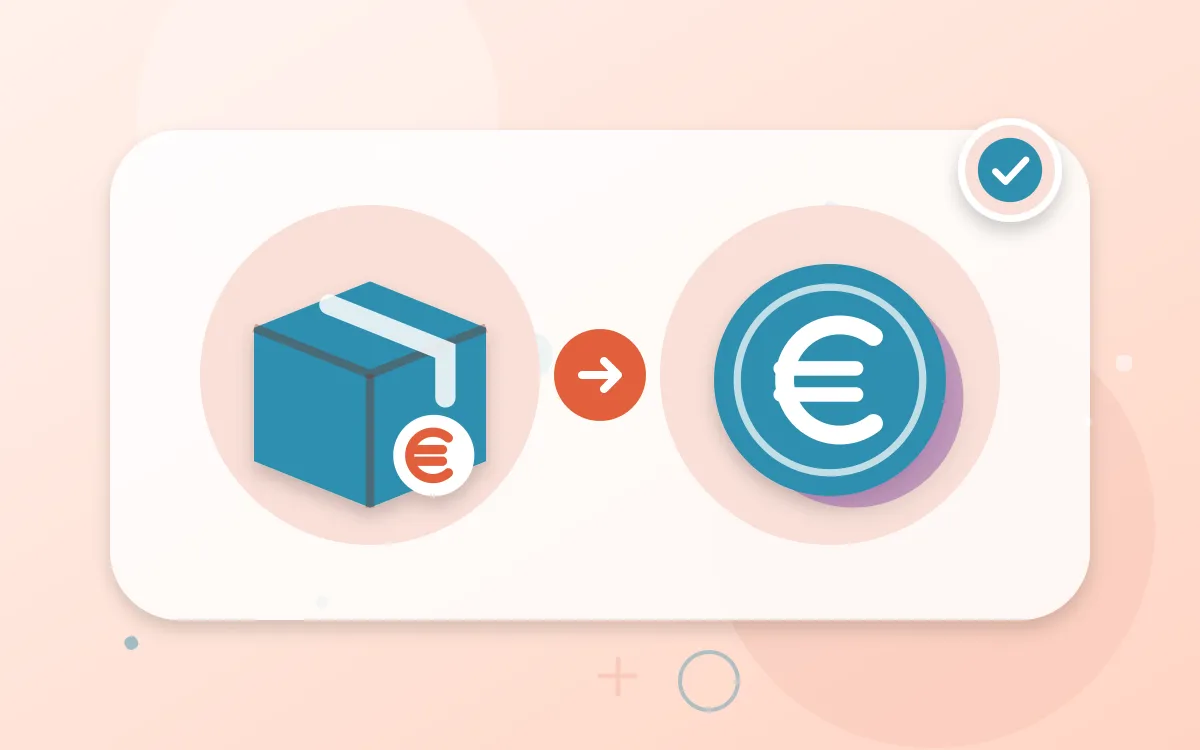 Illustration: Paket mit Euro-Etikett, ein Pfeil führt zu einer Euro-Münze als Sinnbild der Kostenübernahme