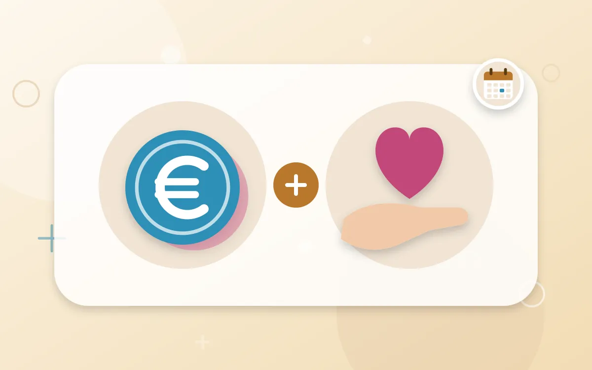 Illustration: Euro-Münze und eine Hand, die ein Herz hält, verbunden durch ein Pluszeichen