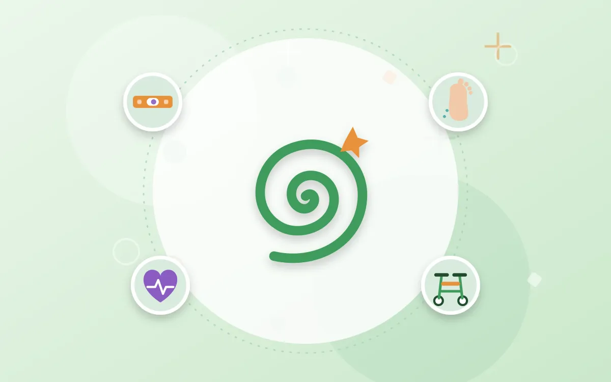 Illustration: Spirale als Sinnbild für Schwindel, dazu Wasserwaage, Fußabdruck, Rollator und Herz